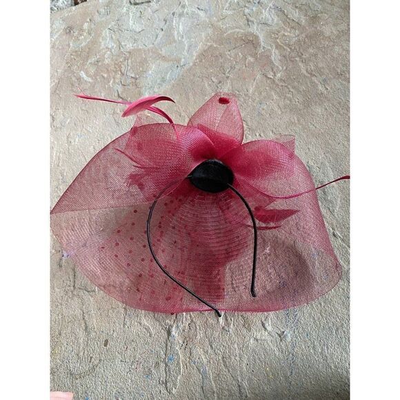 Vintage Hat Fascinator Kentucky Derby Red Rise Polkadot Sheer Headband Mesh - Picture 4 of 11